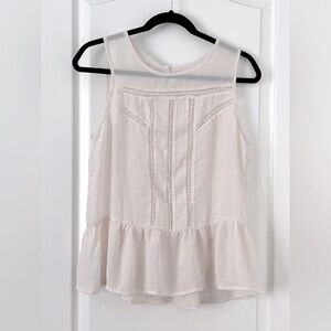 Forever 21 Cream Sleeveless Peplum Button Back Tank with Floral Lace Detail